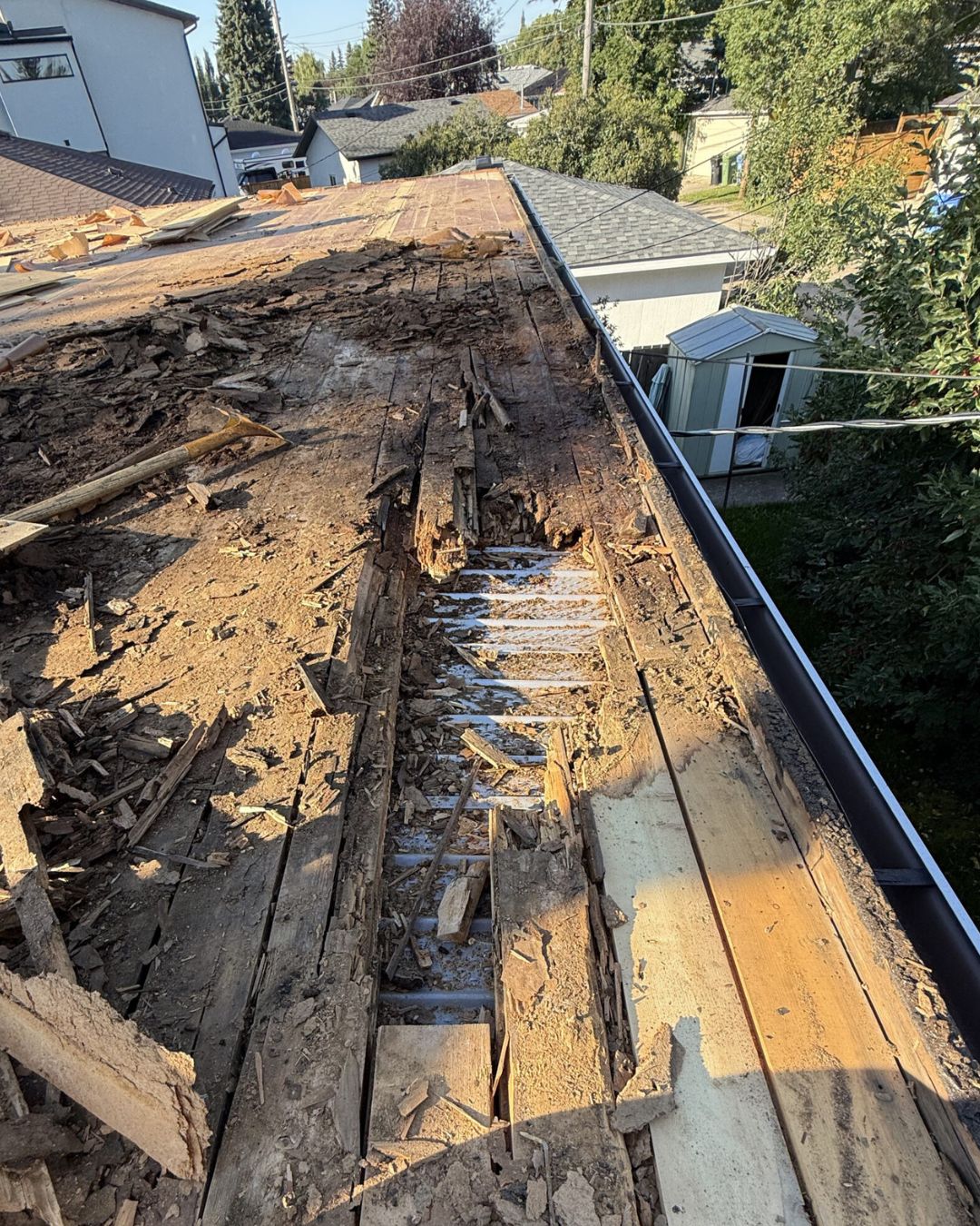 Storm and water damaged flat roof decking